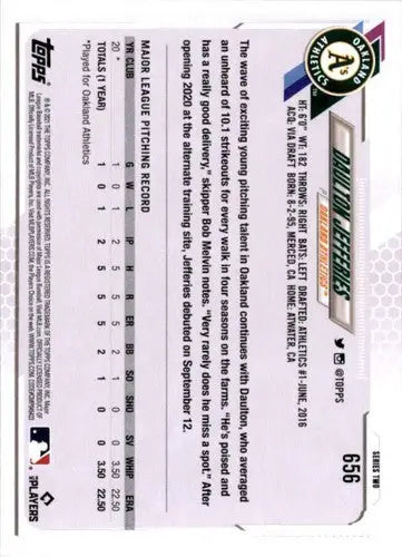 2021 Topps #656 Daulton Jefferies NM-MT RC Rookie Athletics ID:48095 - Baseball Card Single