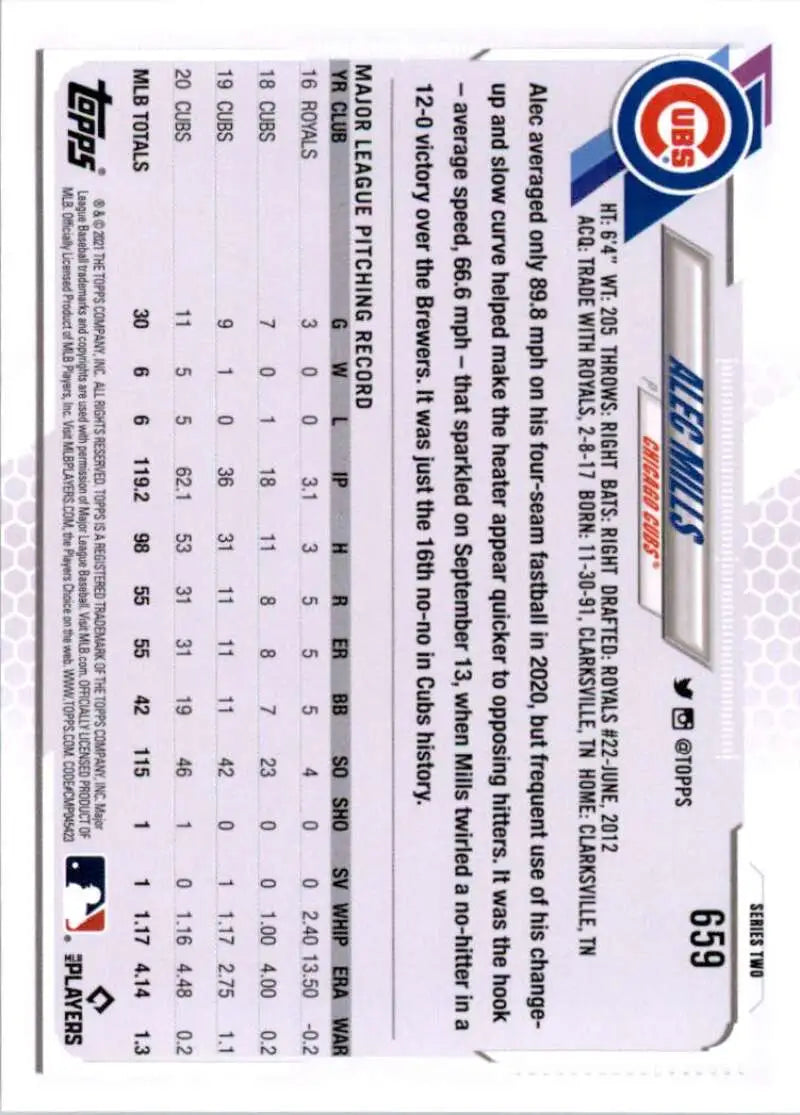 2021 Topps #659 Alec Mills NM-MT Chicago Cubs Baseball Card - Baseball Card Single