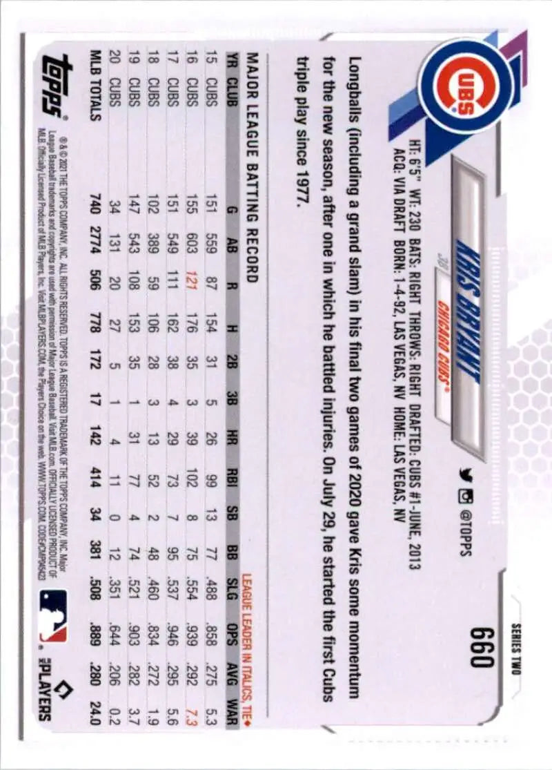 2021 Topps #660 Kris Bryant NM-MT Chicago Cubs Baseball Card - Baseball Card Single