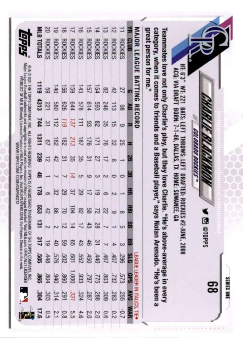 2021 Topps #68 Charlie Blackmon NM-MT Colorado Rockies Baseball Card - Baseball Card Single