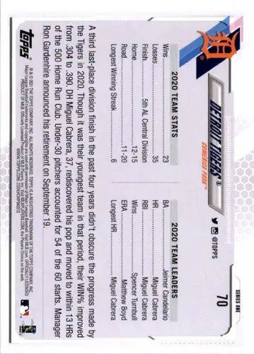 Detroit Tigers baseball card featuring Simply Sandoval from 2021 Topps #70 with original gloss