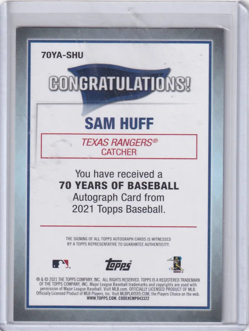2021 Topps 70 Years of Baseball Auto #70YA-SHU Sam Huff - Rangers - Baseball Card Single