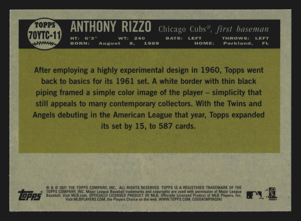 2021 Topps 70 Years of Topps Baseball Chrome #70YTC-11 Anthony Rizzo - Baseball Card Single
