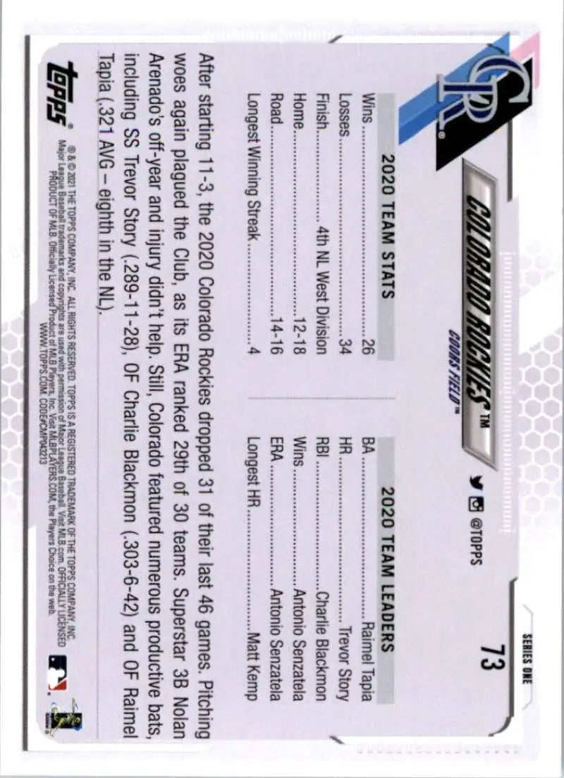 2021 Topps #73 Colorado Rockies NM-MT Baseball Card - Baseball Card Single