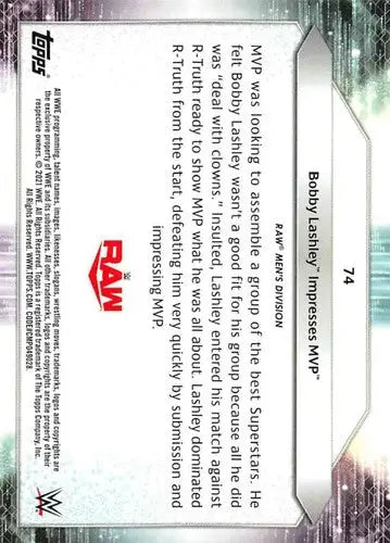 Back of a 2021 Topps Bobby Lashley wrestling trading card with original gloss