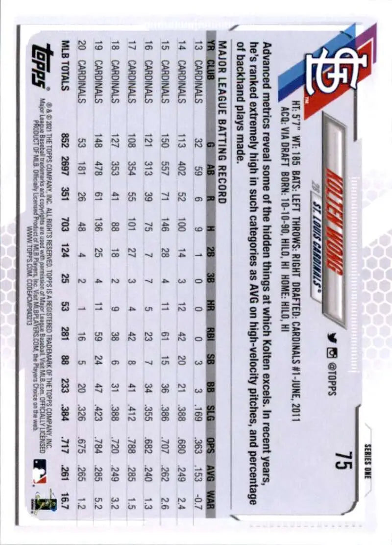 2021 Topps #75 Kolten Wong NM-MT St. Louis Cardinals Baseball Card - Baseball Card Single