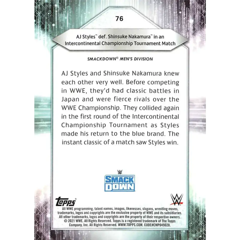 2021 Topps #76 AJ Styles NM-MT Wrestling Card - Other