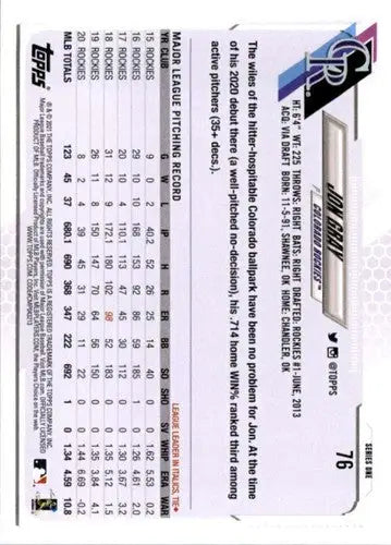 Baseball trading card of Jon Gray with original gloss from 2021 Topps #76 NM-MT Rockies