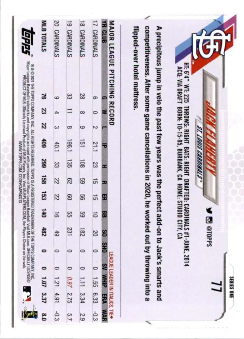 2021 Topps #77 Jack Flaherty NM-MT St. Louis Cardinals Baseball Card - Baseball Card Single