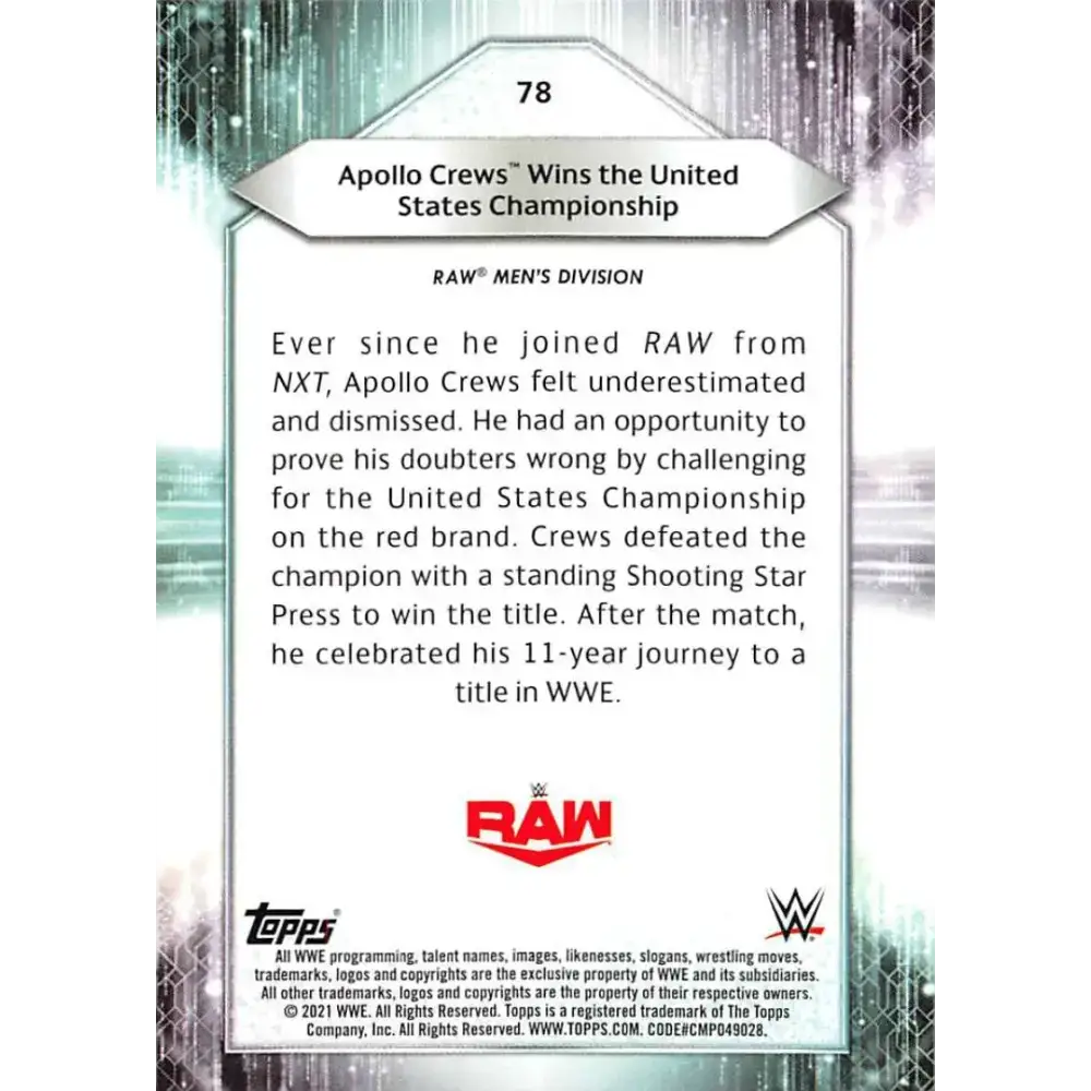 2021 Topps #78 Apollo Crews NM-MT Wrestling Card - Wrestling Card Single