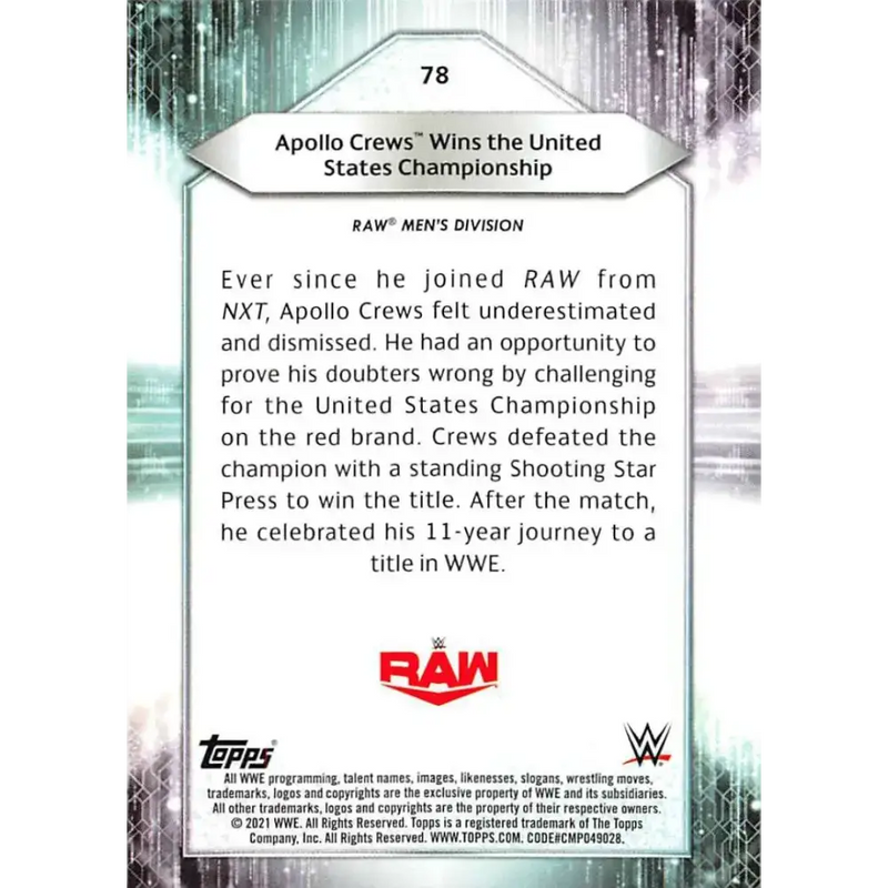 2021 Topps #78 Apollo Crews NM-MT Wrestling Card - Wrestling Card Single
