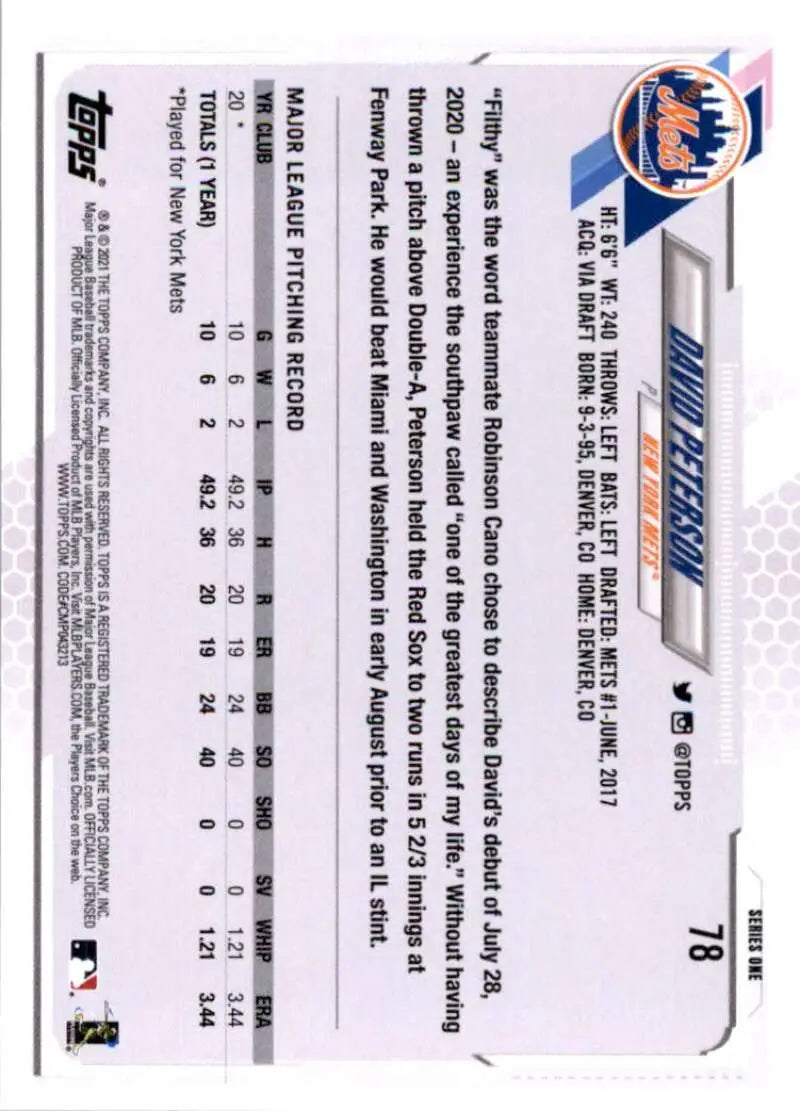 2021 Topps #78 David Peterson NM-MT RC Rookie New York Mets Baseball Card - Baseball Card Single