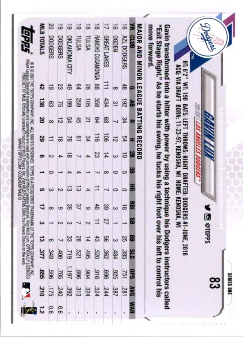 2021 Topps #83 Gavin Lux NM-MT Los Angeles Dodgers Baseball Card - Baseball Card Single