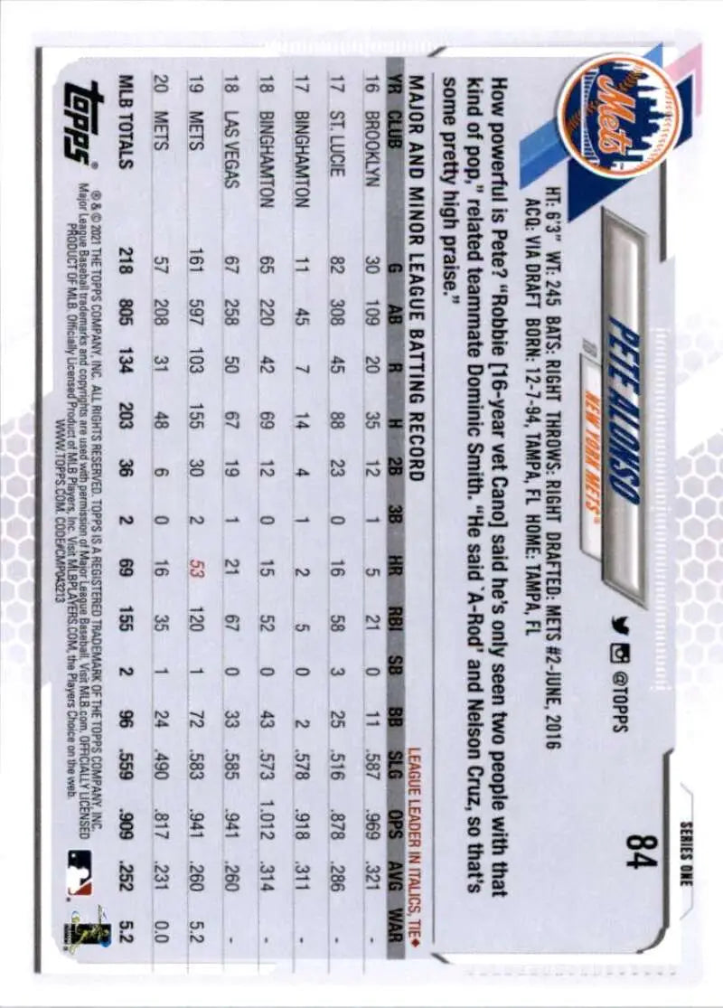 2021 Topps #84 Pete Alonso NM-MT New York Mets Baseball Card - Baseball Card Single