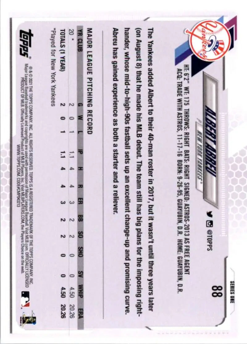 2021 Topps #88 Albert Abreu NM-MT RC Rookie New York Yankees Baseball Card - Baseball Card Single