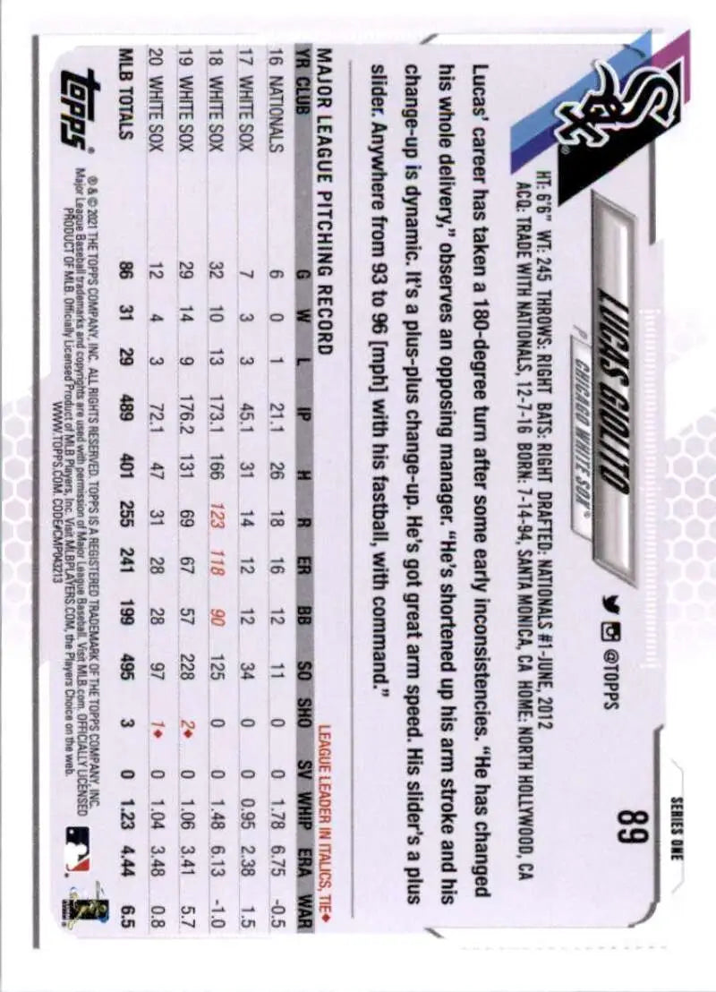 2021 Topps #89 Lucas Giolito NM-MT Chicago White Sox Baseball Card - Baseball Card Single