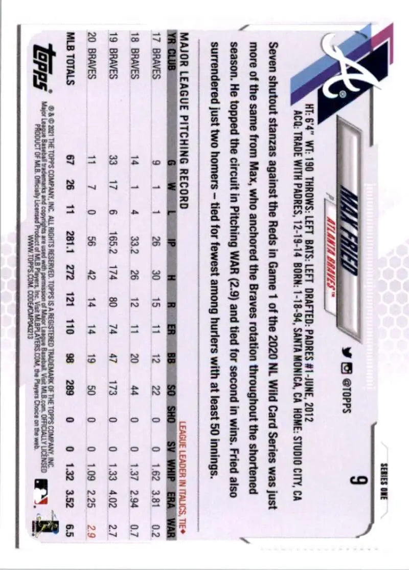 2021 Topps #9 Max Fried NM-MT Atlanta Braves Baseball Card - Baseball Card Single