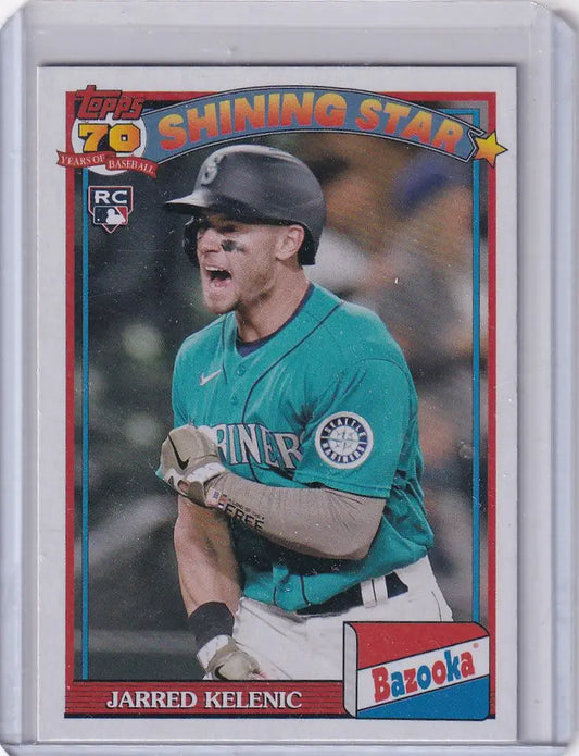 Baseball card of Jarred Kelenic celebrating in teal jersey for Seattle Mariners 91BZa