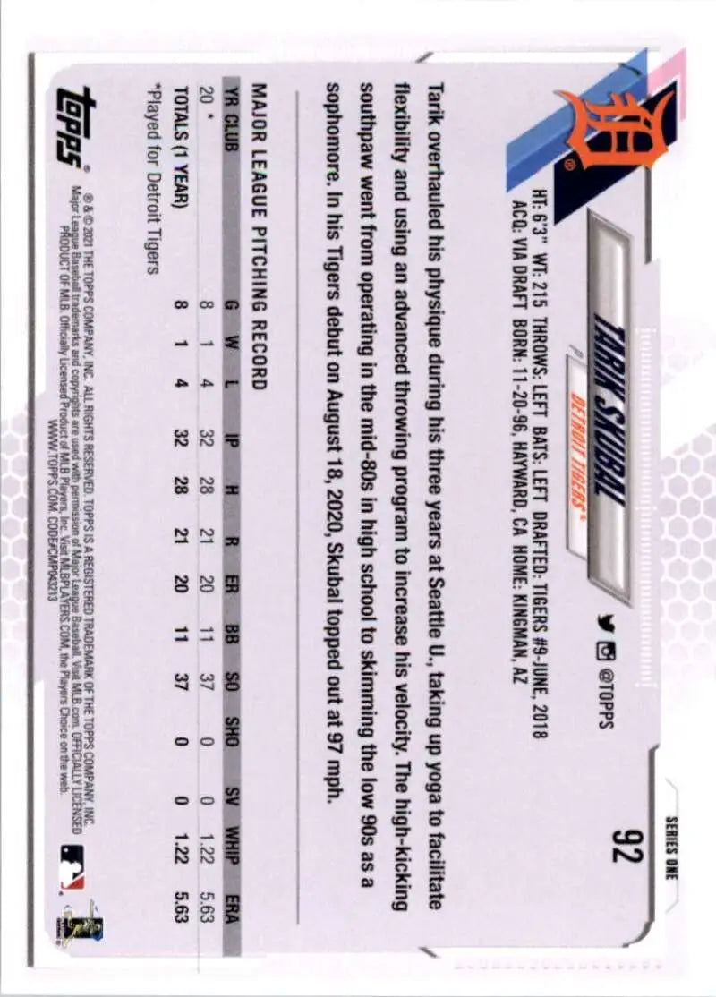 2021 Topps #92 Tarik Skubal NM-MT RC Rookie Detroit Tigers Baseball Card - Baseball Card Single