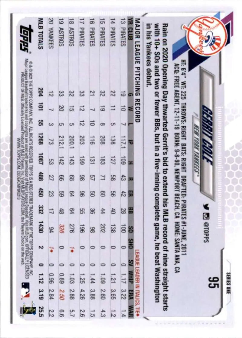 2021 Topps #95 Gerrit Cole NM-MT New York Yankees Baseball Card - Baseball Card Single