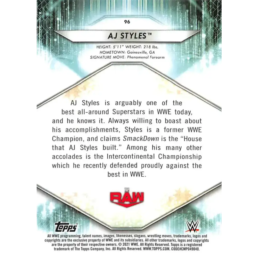 2021 Topps #96 AJ Styles NM-MT Wrestling Card - Other