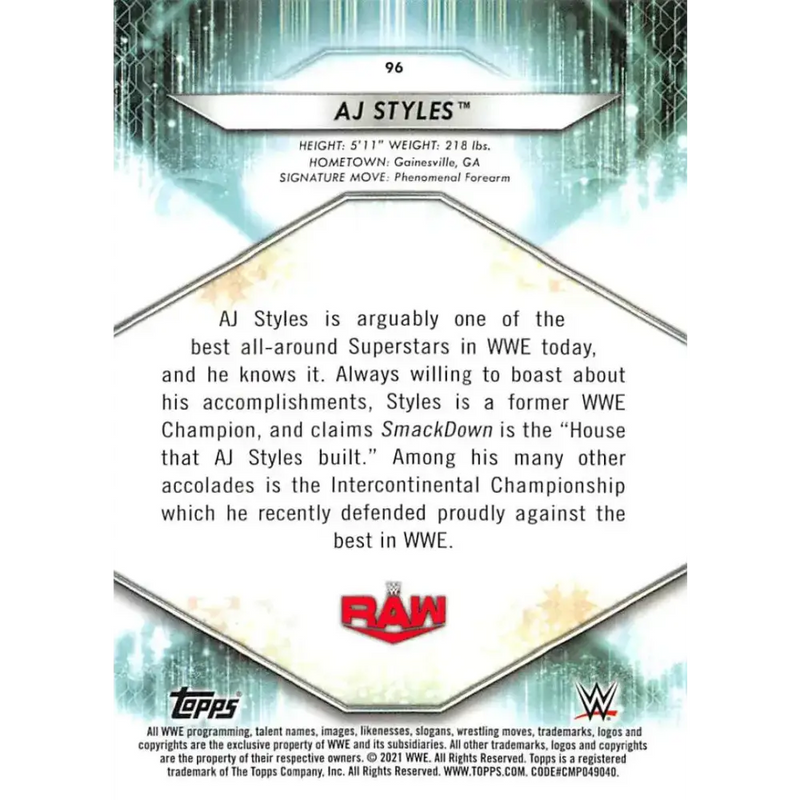 2021 Topps #96 AJ Styles NM-MT Wrestling Card - Other