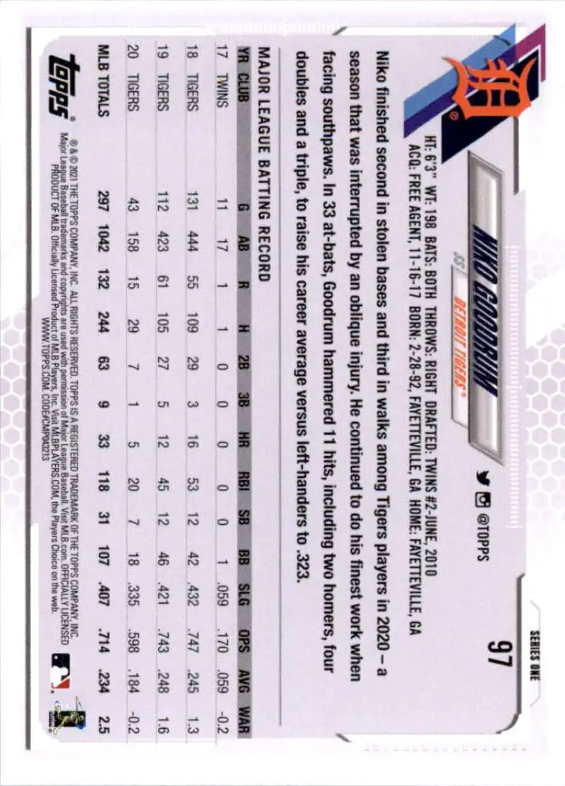 2021 Topps #97 Niko Goodrum NM-MT Detroit Tigers Baseball Card - Baseball Card Single