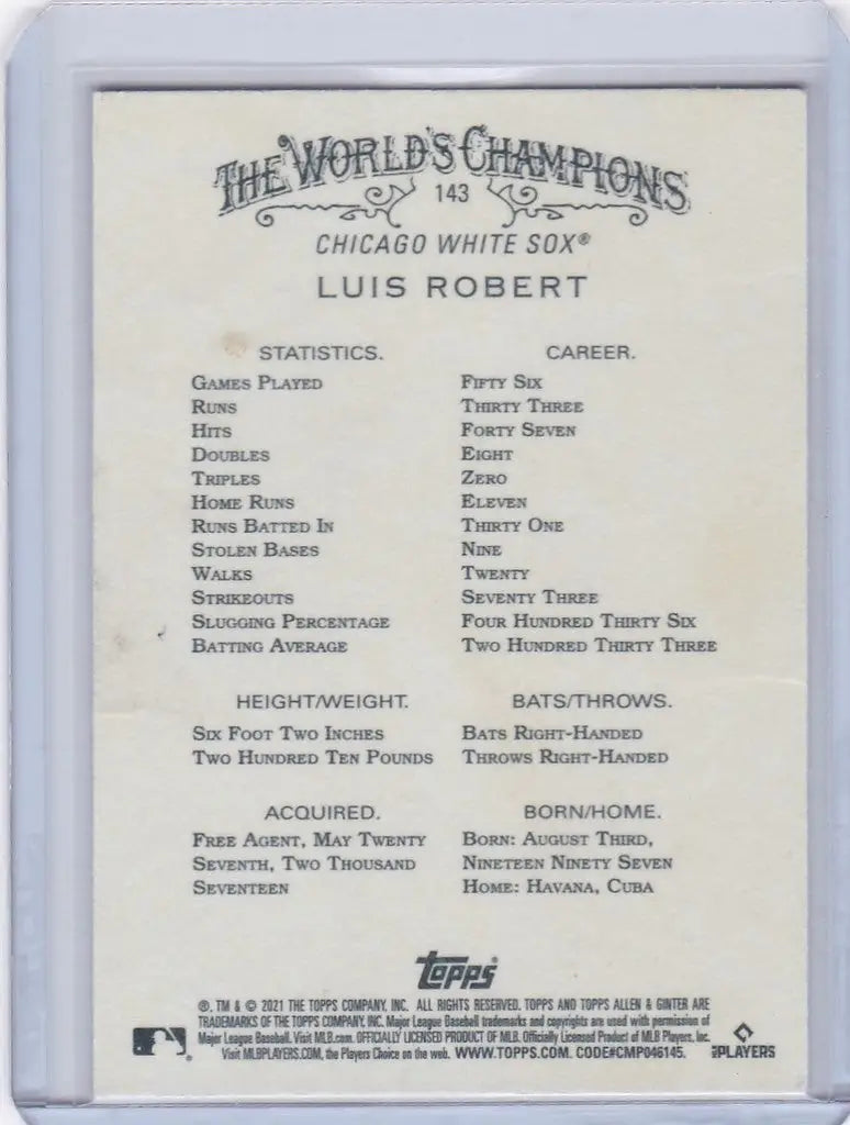 Baseball card of Luis Robert from 2021 Topps Allen & Ginter Chicago White Sox