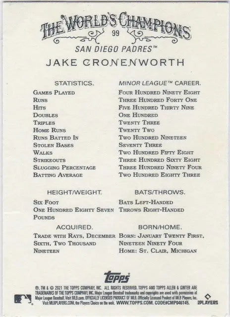 Baseball card of Jake Cronenworth, San Diego Padres, from Topps Allen & Ginter