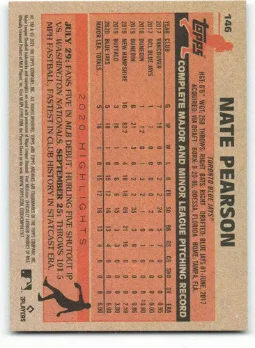 Baseball card back from 2021 Topps Archives featuring Nate Pearson rookie with original gloss