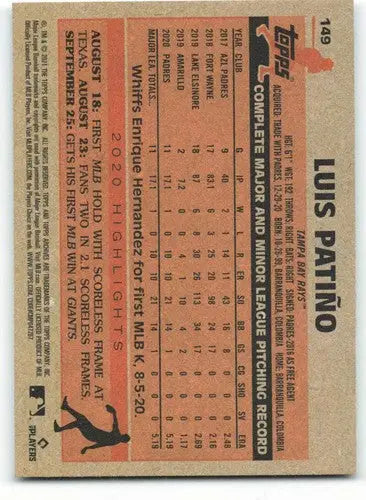 Baseball card back featuring 2021 Topps Archives Luis Patino rookie with original gloss