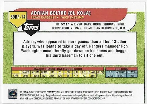 2021 Topps Archives 1989 Topps Big Foil #89BF-14 Adrian Beltre NM Near Mint Rang - Baseball Card Single