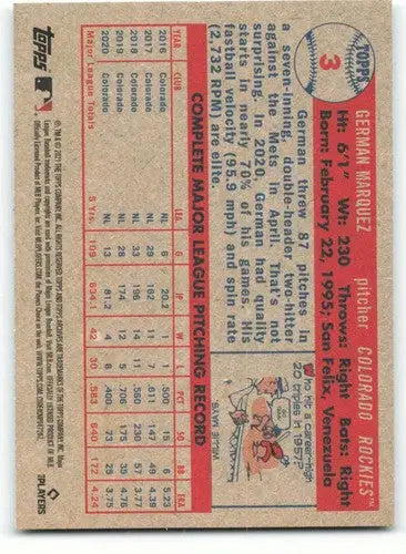 Baseball card back with original gloss from Topps Archives featuring German Marquez