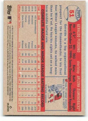 Baseball card back with original gloss for 2021 Topps Archives Geraldo Perdomo rookie