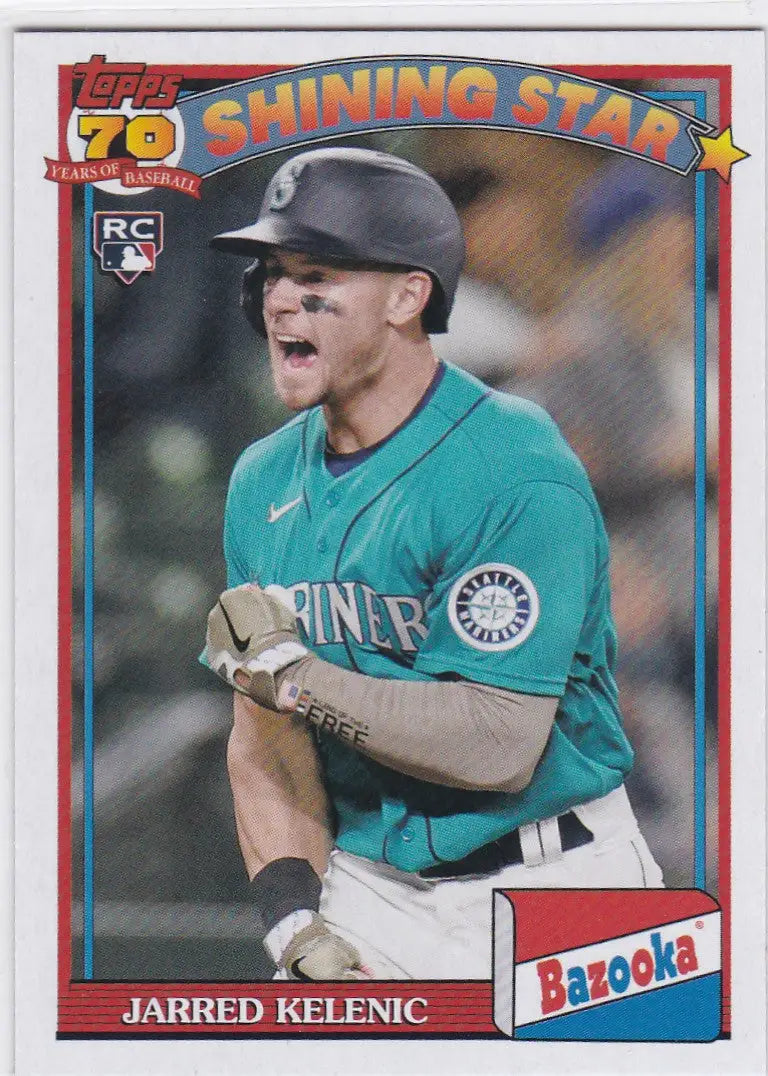 Baseball card of Jarred Kelenic in teal jersey for Star RC Mariners Shining Star