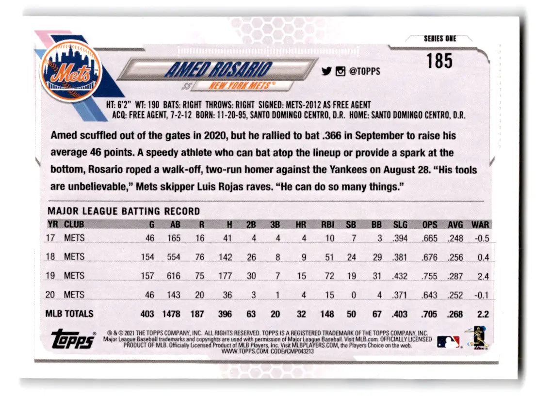 2021 Topps Baseball #185 Amed Rosario Mets - Baseball Card Single