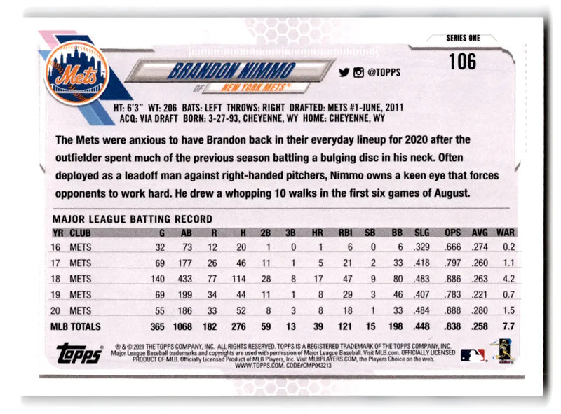 2021 Topps Baseball Brandon Nimmo #106 Mets - Baseball Card Single