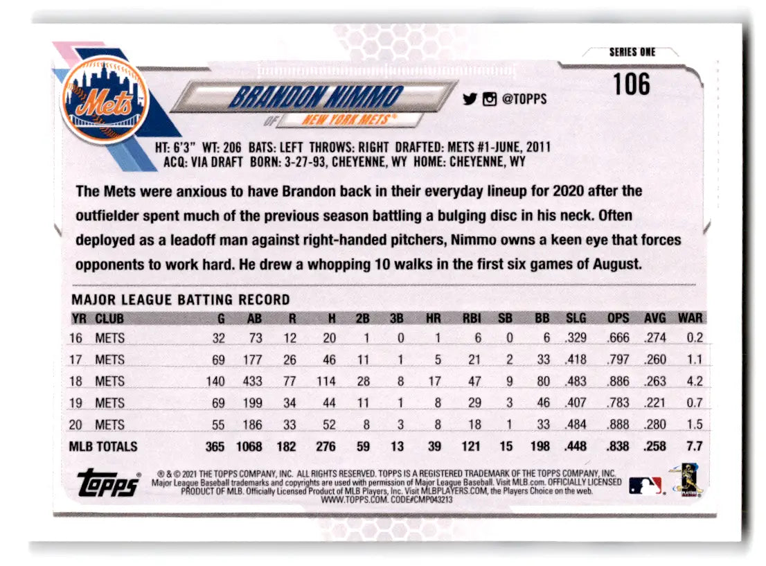 2021 Topps Baseball Brandon Nimmo #106 Mets - Baseball Card Single