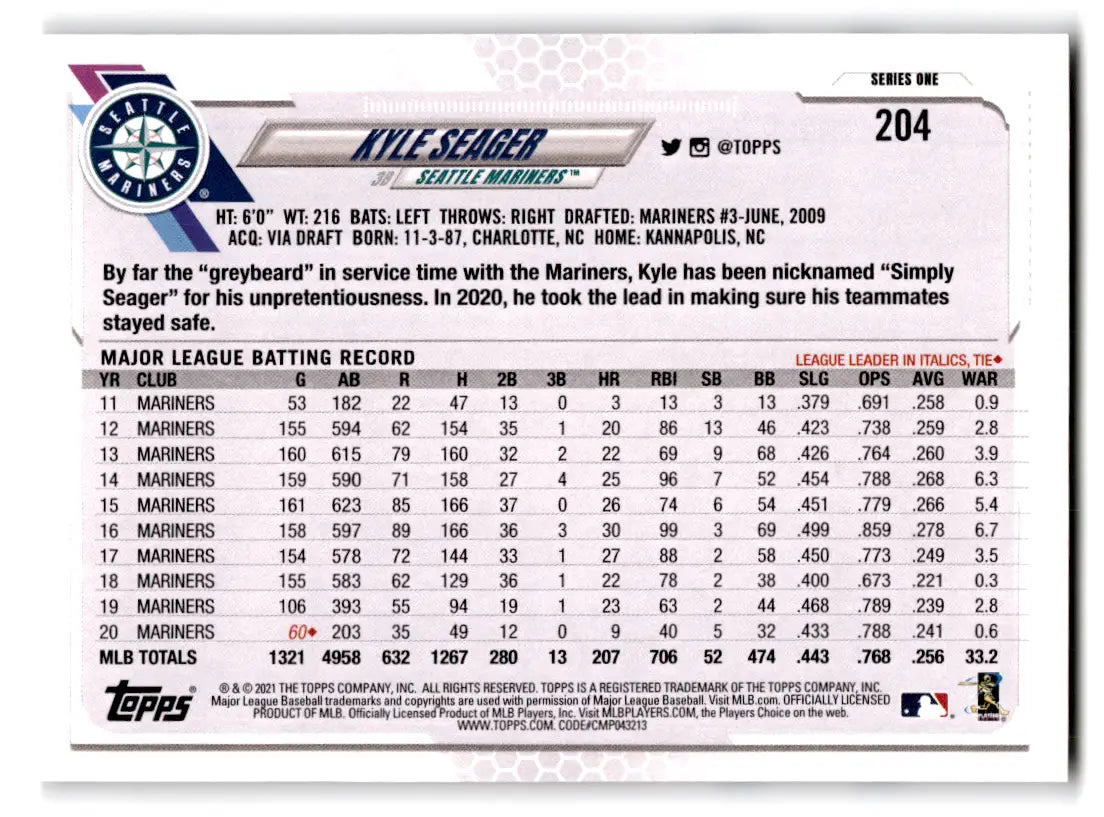 2021 Topps Baseball Kyle Seager #204 Seattle Mariners - Baseball Card Single