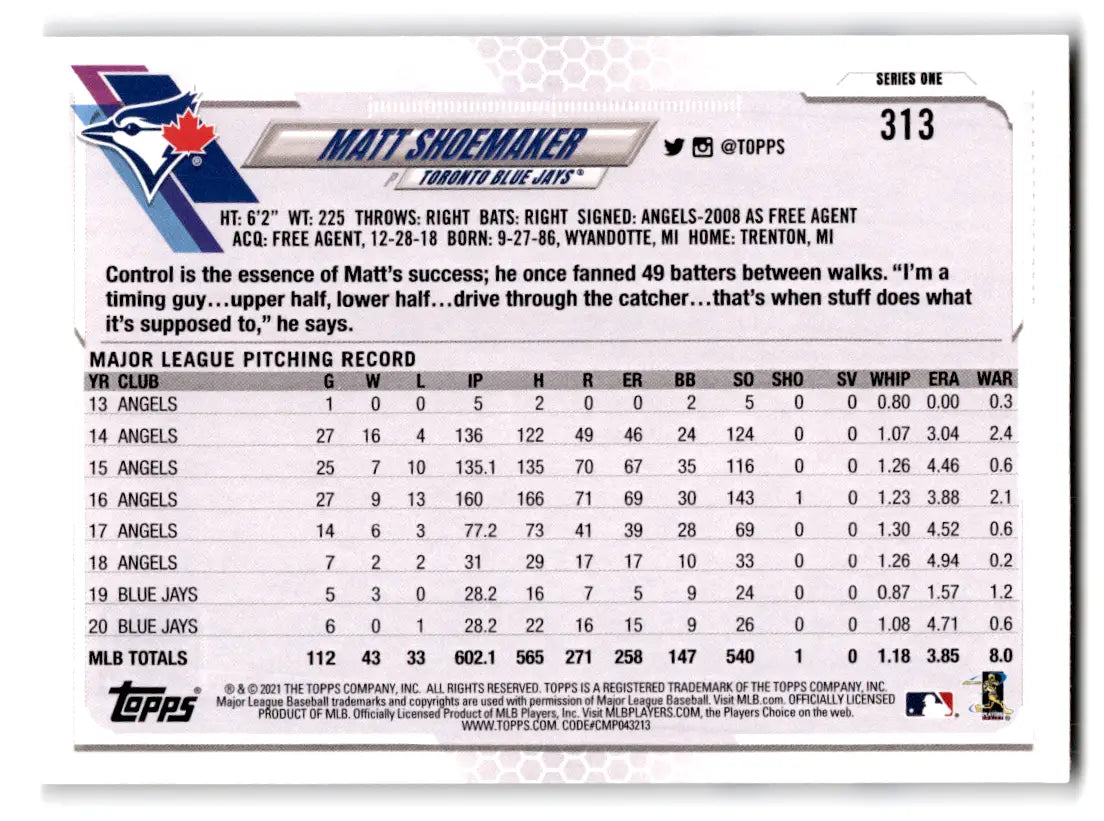 2021 Topps Baseball Matt Shoemaker #313 Toronto Blue Jays - Baseball Card Single