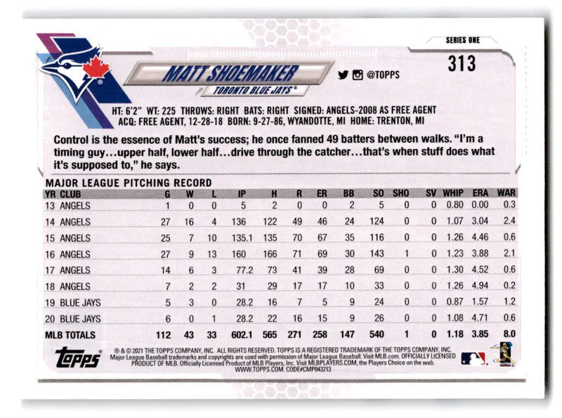 2021 Topps Baseball Matt Shoemaker #313 Toronto Blue Jays - Baseball Card Single