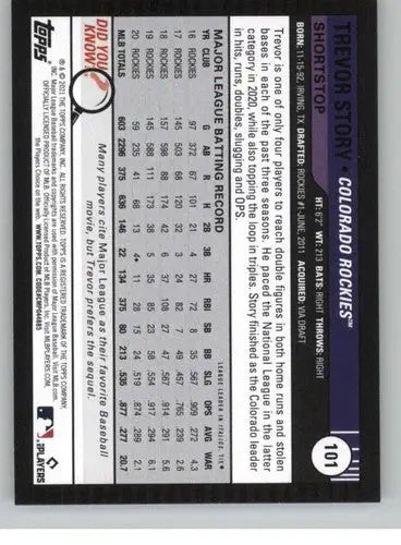 Trevor Story baseball card from Topps Big League 2021 collection NM-MT Rockies