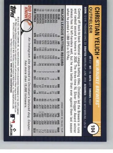 Christian Yelich baseball card from Topps Big League 2021 Brewers NM-MT collection