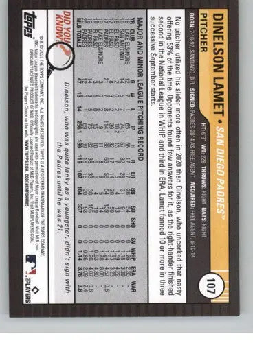 Baseball card back from 2021 Topps Big League #107 Dinelson Lamet NM-MT Padres