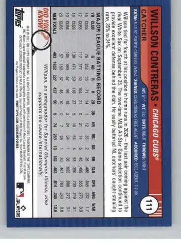 Willson Contreras baseball card from 2021 Topps Big League set, NM-MT Cubs ID 42599