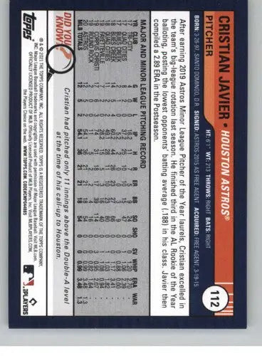 2021 Topps Big League baseball card back with original gloss for Cristian Javier rookie
