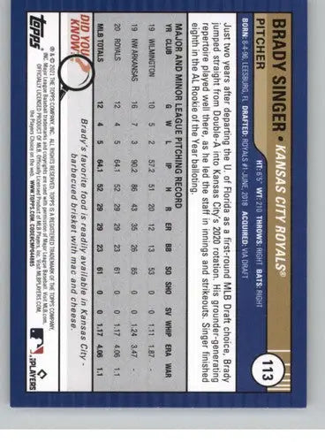 2021 Topps Big League Brady Singer baseball card Royals rookie ID 42600 NM-MT