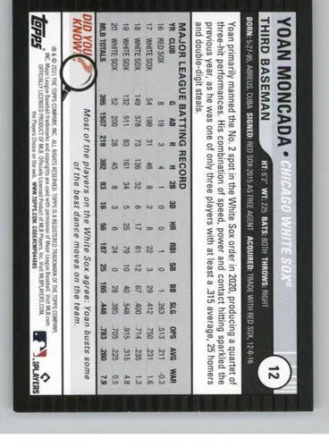 2021 Topps Big League #12 Yoan Moncada NM-MT White Sox ID:41943 - Baseball Card Single