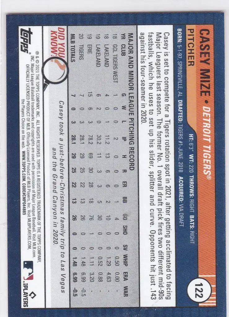 2021 Topps Big League #122 Casey Mize Orange RC Detroit Tigers