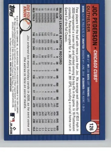Baseball card back from Topps Big League 2021 Joc Pederson Cubs ID 42613